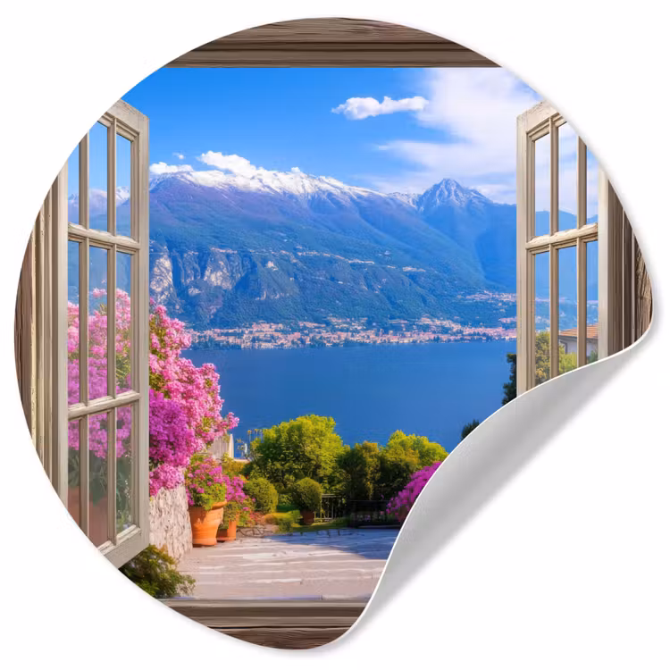 Doorkijk - Berg - Landschap - Uitzicht - Meer Wandcirkel behangsticker klein -3d