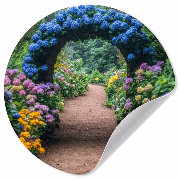 Doorkijk - Bloemen - Hortensia - Pad Wandcirkel behangsticker klein -3d