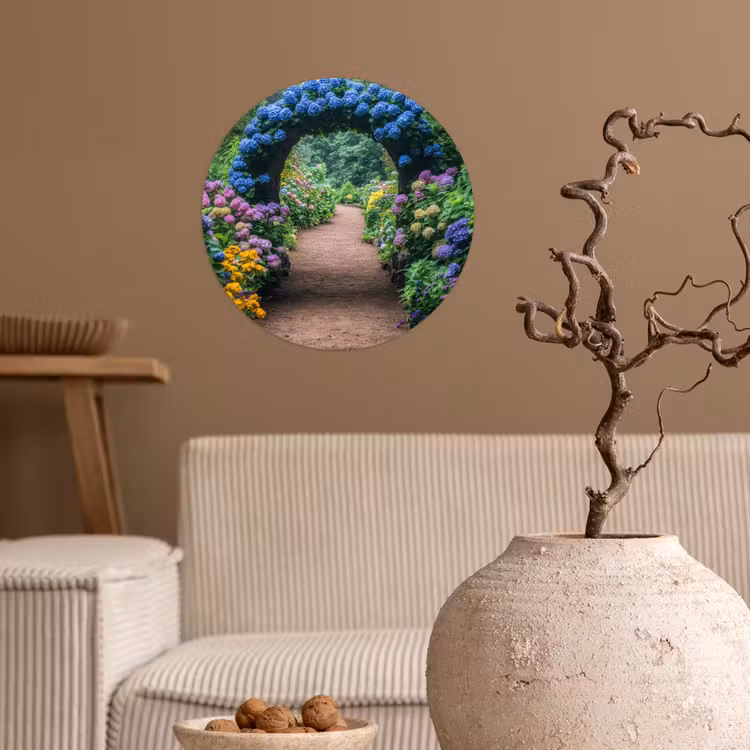 Doorkijk - Bloemen - Hortensia - Pad Wandcirkel behangsticker klein -sfeer1