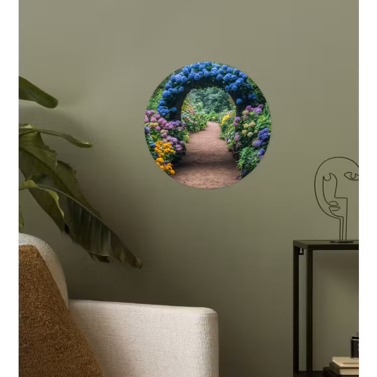 Doorkijk - Bloemen - Hortensia - Pad Wandcirkel behangsticker klein -sfeer2