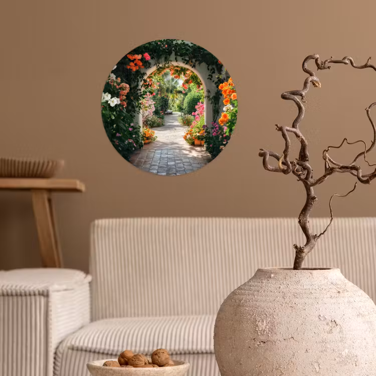 Doorkijk - Bloemen - Natuur - Bloementuin Wandcirkel behangsticker klein -sfeer1