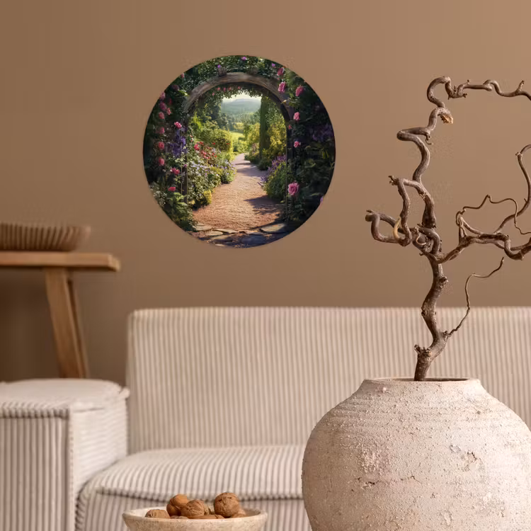 Doorkijk - Bloemen - Natuur - Rozenboog Wandcirkel behangsticker klein -sfeer1