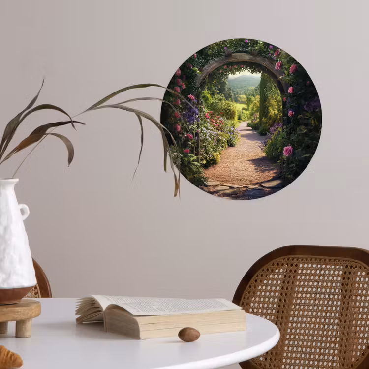Doorkijk - Bloemen - Natuur - Rozenboog Wandcirkel behangsticker klein -sfeer3