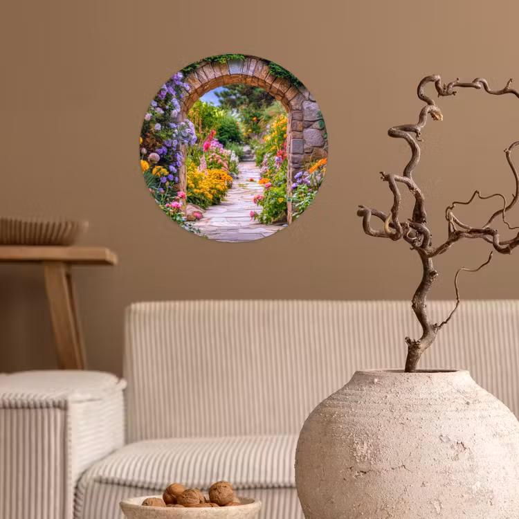 Doorkijk - Bloemen - Pad - Natuur Wandcirkel behangsticker klein -sfeer1
