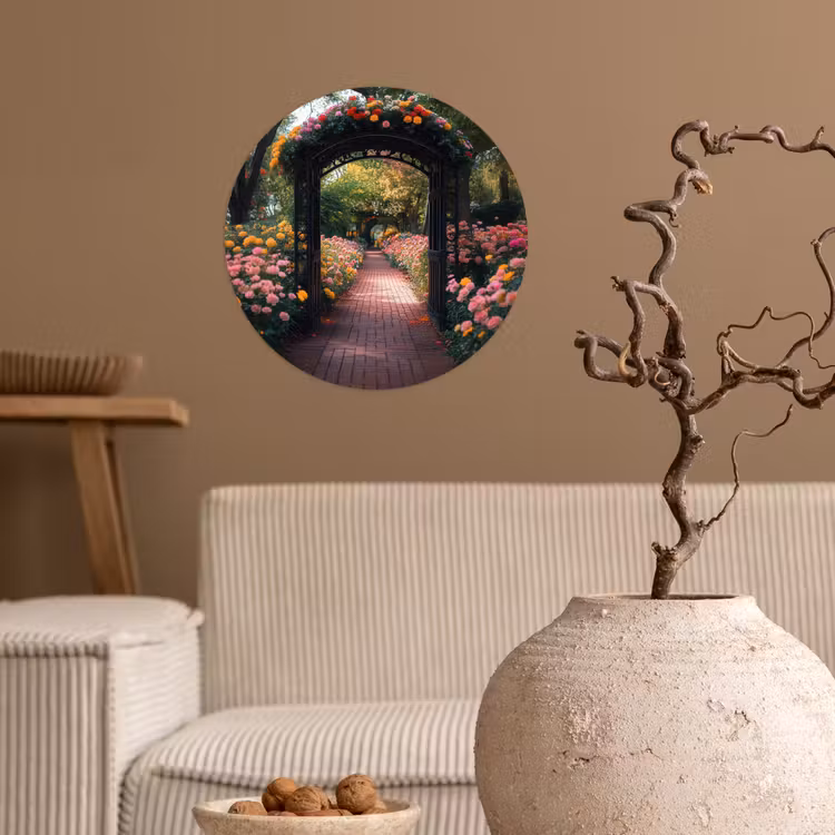 Doorkijk - Bloemen - Pad - Natuur - Kleurrijk Wandcirkel behangsticker klein -sfeer1