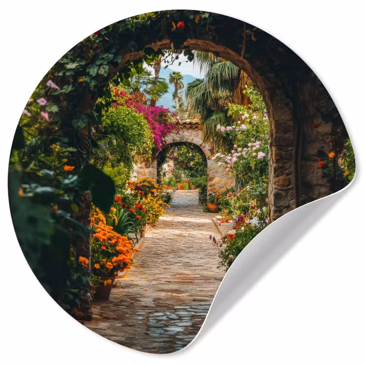 Doorkijk - Bloemen - Poort - Stenen Wandcirkel behangsticker klein -3d