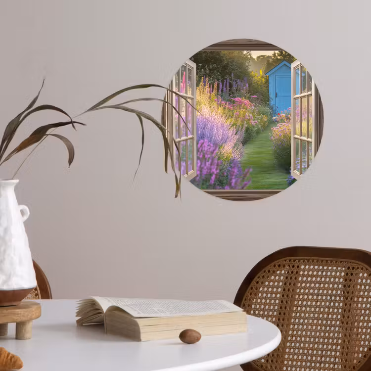 Doorkijk - Bloemen - Raam - Natuur Wandcirkel behangsticker klein -sfeer3