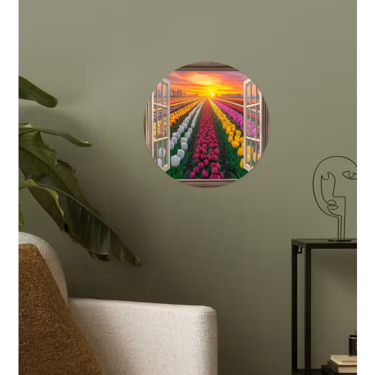 Doorkijk - Bloemen - Tulpen - Kleurrijk - Zonsondergang Wandcirkel behangsticker klein -sfeer2