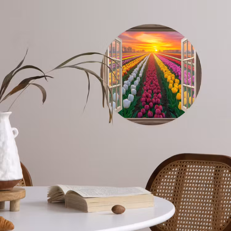 Doorkijk - Bloemen - Tulpen - Kleurrijk - Zonsondergang Wandcirkel behangsticker klein -sfeer3