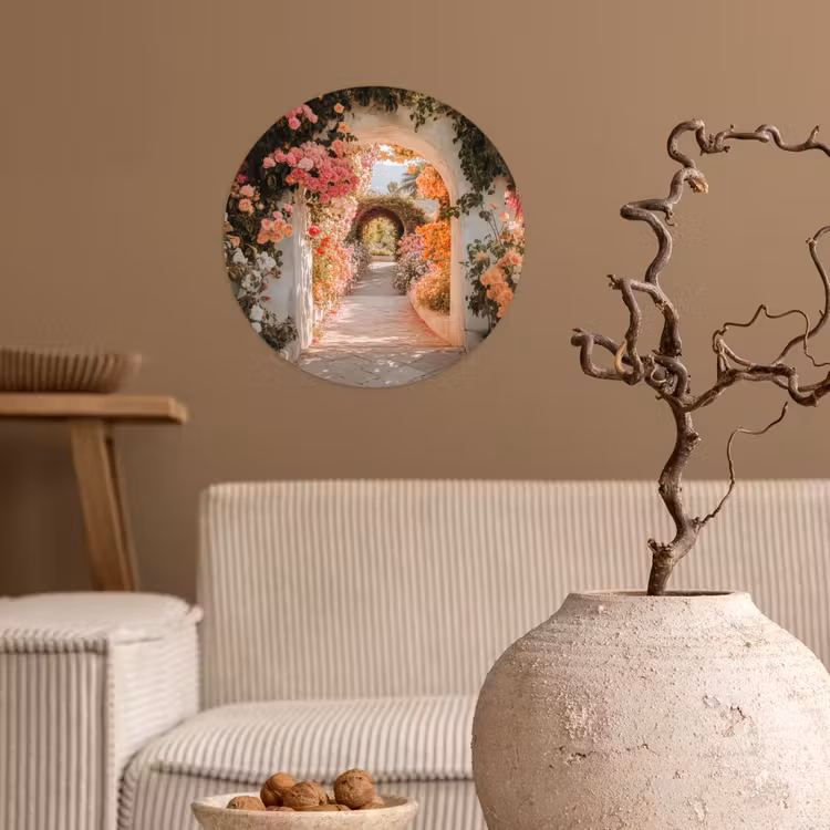 Doorkijk - Boog - Bloemen - Pastel Wandcirkel behangsticker klein -sfeer1