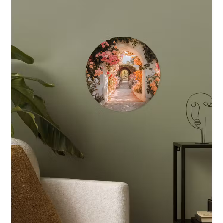 Doorkijk - Boog - Bloemen - Pastel Wandcirkel behangsticker klein -sfeer2