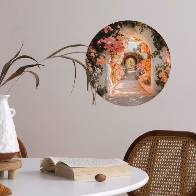 Doorkijk - Boog - Bloemen - Pastel Wandcirkel behangsticker klein -sfeer3