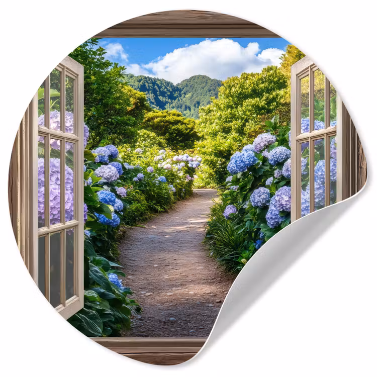 Doorkijk - Hortensia - Pad - Natuur Wandcirkel behangsticker klein -3d