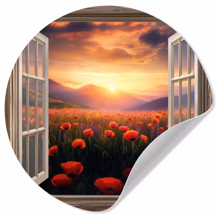 Doorkijk - Klaprozen - Bloemen - Rood - Open raam Wandcirkel behangsticker klein -3d