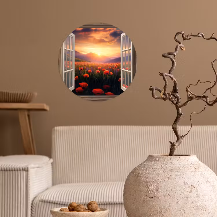 Doorkijk - Klaprozen - Bloemen - Rood - Open raam Wandcirkel behangsticker klein -sfeer1