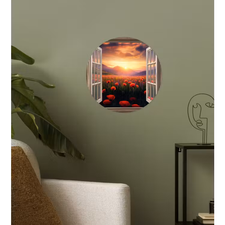Doorkijk - Klaprozen - Bloemen - Rood - Open raam Wandcirkel behangsticker klein -sfeer2