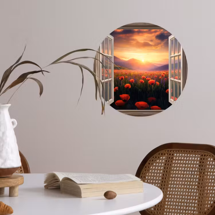 Doorkijk - Klaprozen - Bloemen - Rood - Open raam Wandcirkel behangsticker klein -sfeer3
