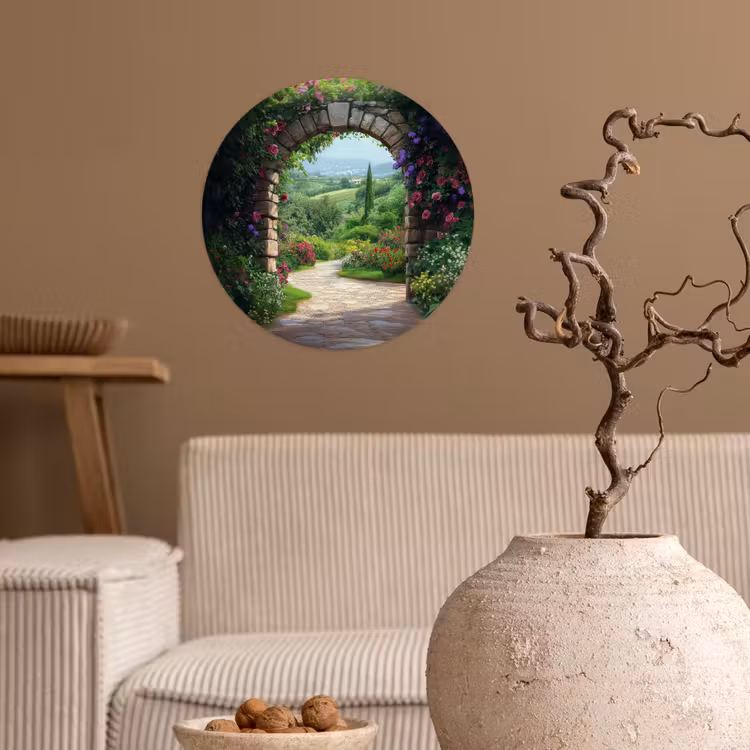 Doorkijk - Landschap - Bloemen - Pad - Uitzicht Wandcirkel behangsticker klein -sfeer1
