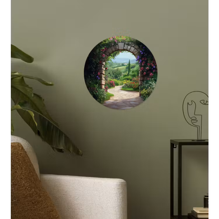 Doorkijk - Landschap - Bloemen - Pad - Uitzicht Wandcirkel behangsticker klein -sfeer2