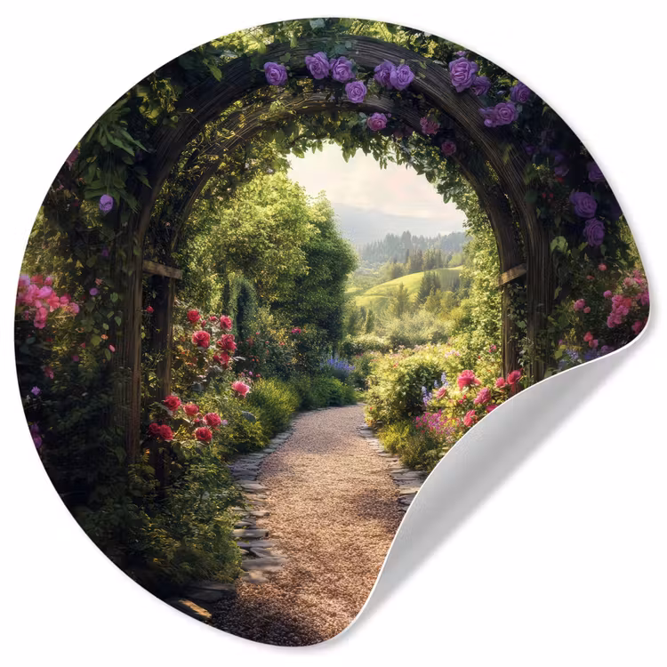 Doorkijk - Landschap - Bloemen - Tuinboog - Natuur Wandcirkel behangsticker klein -3d