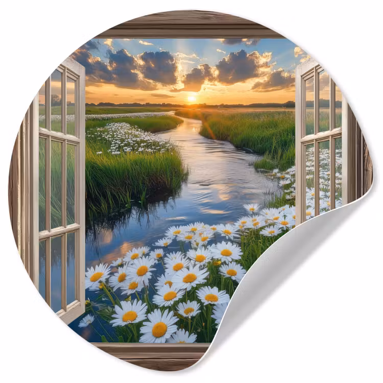 Doorkijk - Landschap - Raam - Water - Zonsondergang Wandcirkel behangsticker klein -3d