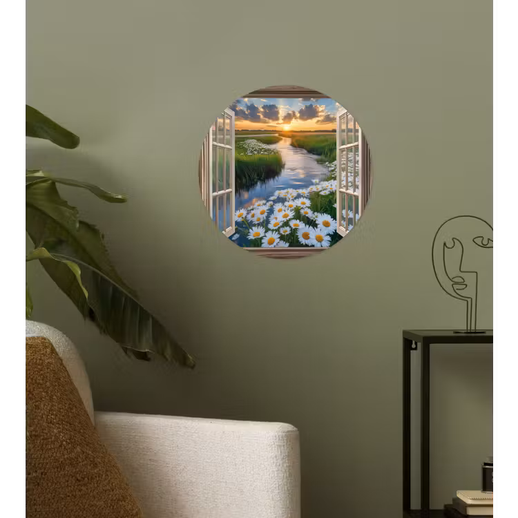 Doorkijk - Landschap - Raam - Water - Zonsondergang Wandcirkel behangsticker klein -sfeer2