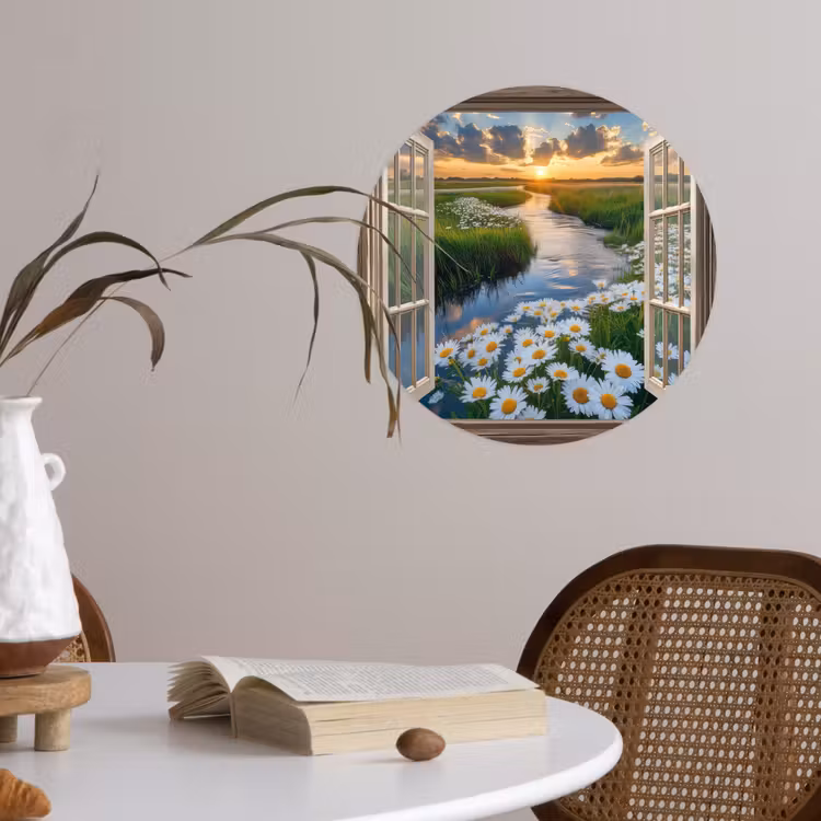 Doorkijk - Landschap - Raam - Water - Zonsondergang Wandcirkel behangsticker klein -sfeer3