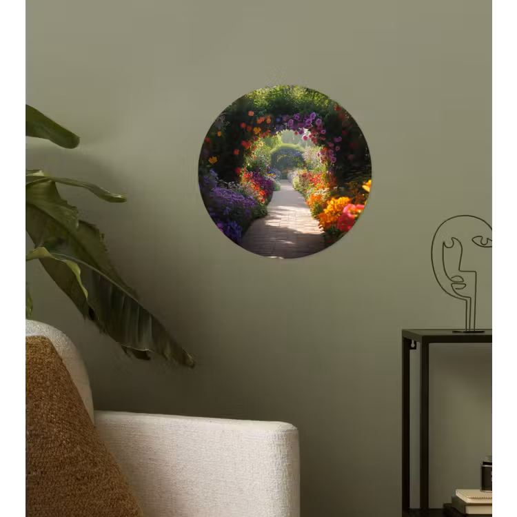 Doorkijk - Pad - Bloemen - Struik - Kleurrijk Wandcirkel behangsticker klein -sfeer2