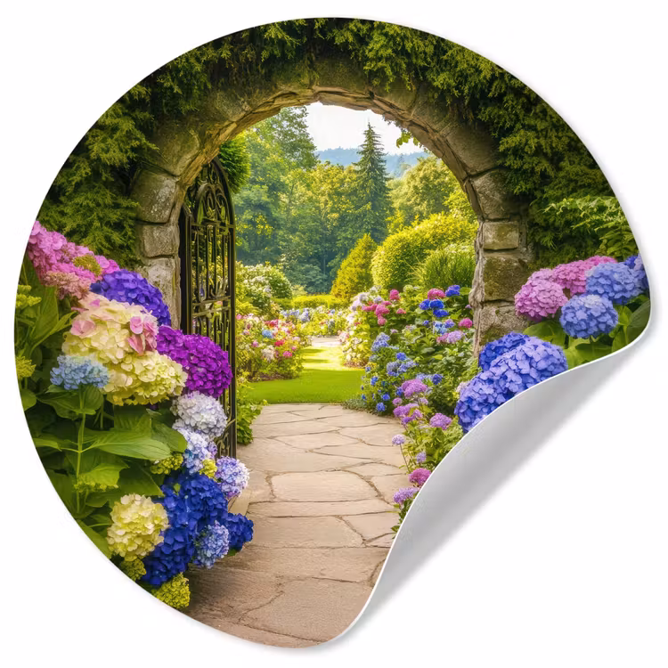 Doorkijk - Poort - Hortensia - Bloementuin Wandcirkel behangsticker klein -3d