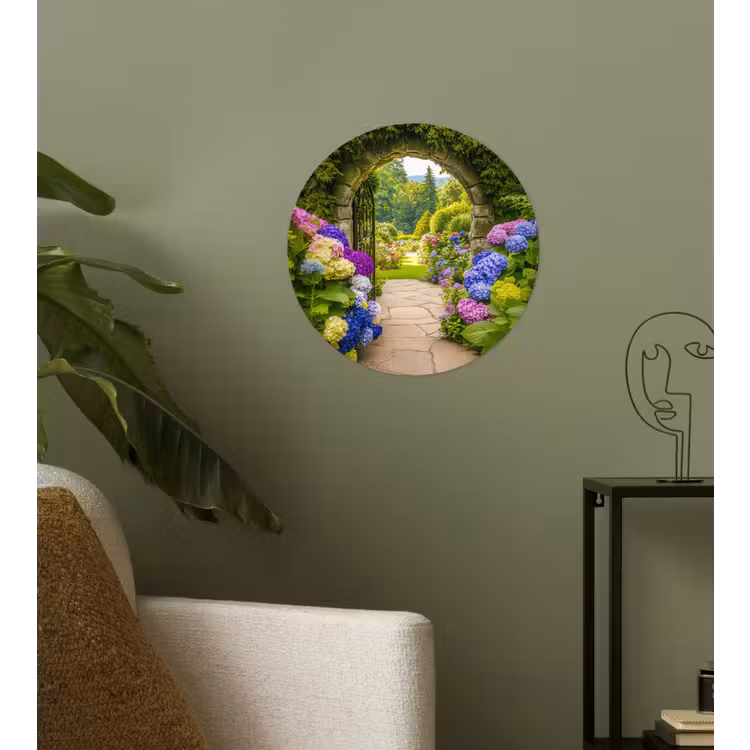 Doorkijk - Poort - Hortensia - Bloementuin Wandcirkel behangsticker klein -sfeer2