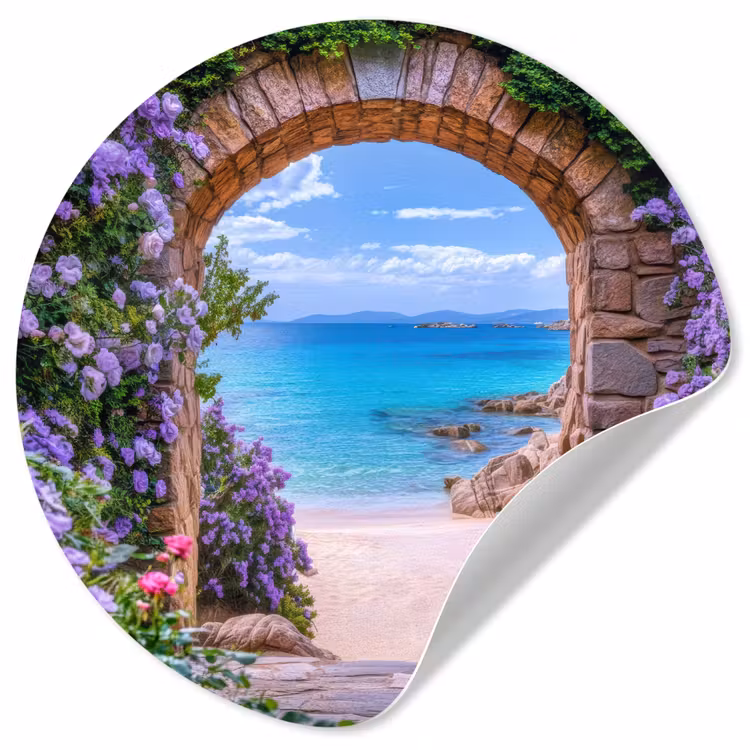Doorkijk - Poort - Zee - Strand - Rotsen Wandcirkel behangsticker klein -3d