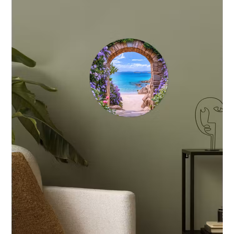 Doorkijk - Poort - Zee - Strand - Rotsen Wandcirkel behangsticker klein -sfeer2
