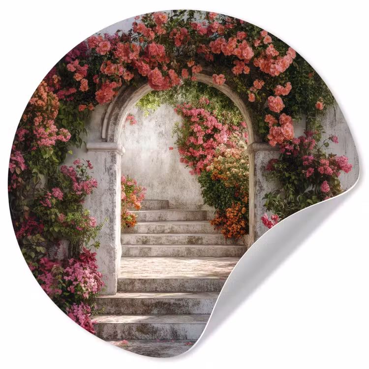 Doorkijk - Rozen - Vintage - Poort Wandcirkel behangsticker klein -3d