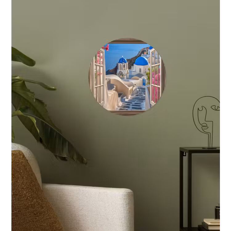 Doorkijk - Santorini - Landschap - Blauw - Grieks Wandcirkel behangsticker klein -sfeer2