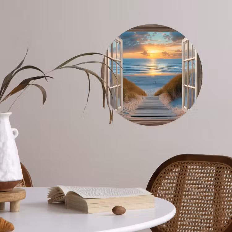 Doorkijk - Strand - Pad - Zonsondergang Wandcirkel behangsticker klein -sfeer3