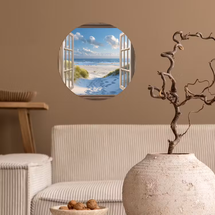 Doorkijk - Strand - Raam - Duinen - Zee Wandcirkel behangsticker klein -sfeer1