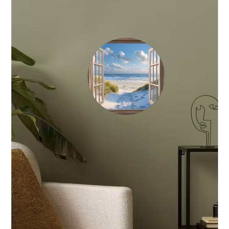 Doorkijk - Strand - Raam - Duinen - Zee Wandcirkel behangsticker klein -sfeer2