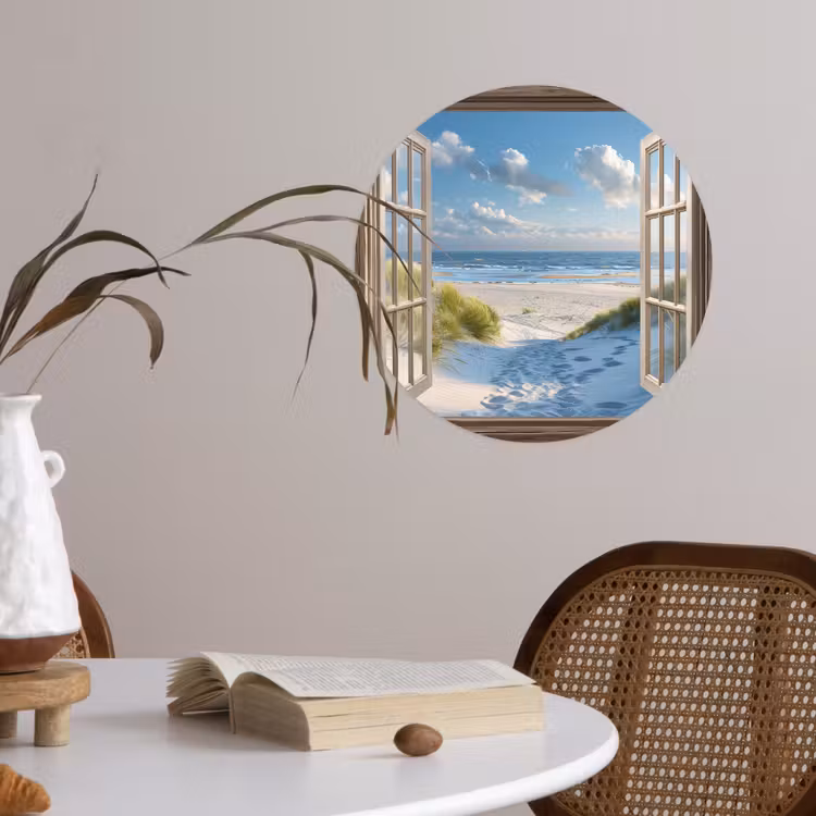Doorkijk - Strand - Raam - Duinen - Zee Wandcirkel behangsticker klein -sfeer3