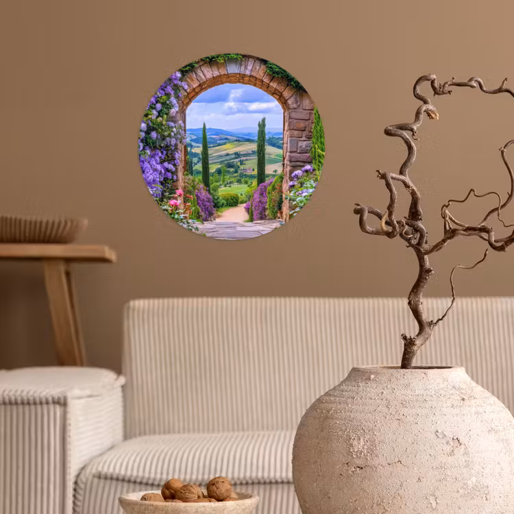 Doorkijk - Toscane - Landschap - Poort Wandcirkel behangsticker klein -sfeer1