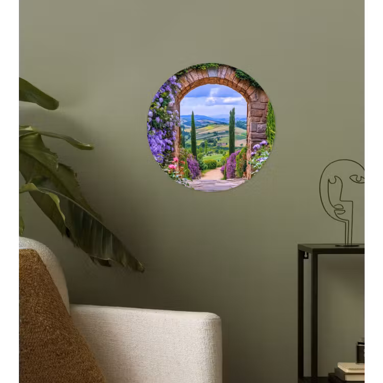 Doorkijk - Toscane - Landschap - Poort Wandcirkel behangsticker klein -sfeer2