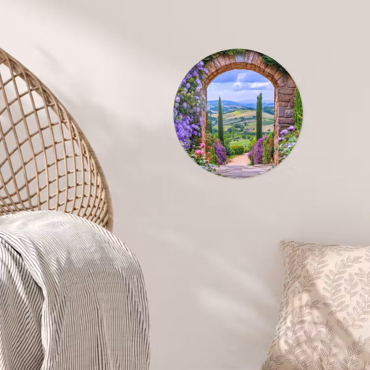 Doorkijk - Toscane - Landschap - Poort Wandcirkel behangsticker klein -sfeer4