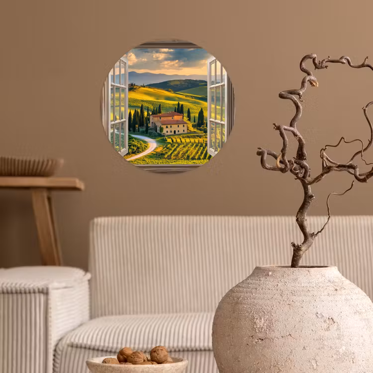 Doorkijk - Toscane - Uitzicht - Landschap - Zomer Wandcirkel behangsticker klein -sfeer1