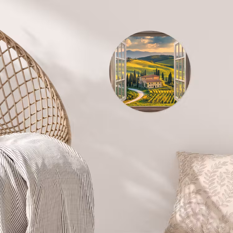 Doorkijk - Toscane - Uitzicht - Landschap - Zomer Wandcirkel behangsticker klein -sfeer4