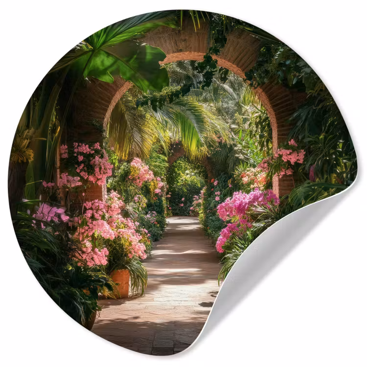 Doorkijk - Tropisch - Bloemen - Natuur Wandcirkel behangsticker klein -3d
