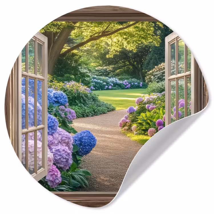 Doorkijk - Tuin - Raam - Hortensia - Bloemen Wandcirkel behangsticker klein -3d