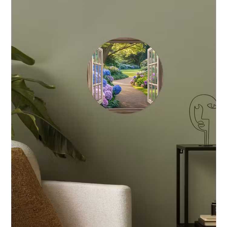 Doorkijk - Tuin - Raam - Hortensia - Bloemen Wandcirkel behangsticker klein -sfeer2