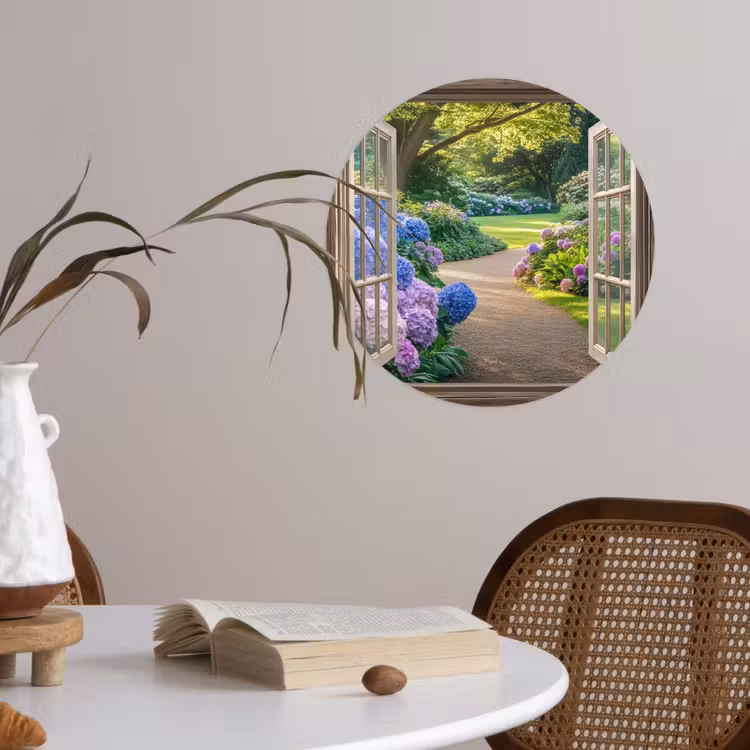 Doorkijk - Tuin - Raam - Hortensia - Bloemen Wandcirkel behangsticker klein -sfeer3