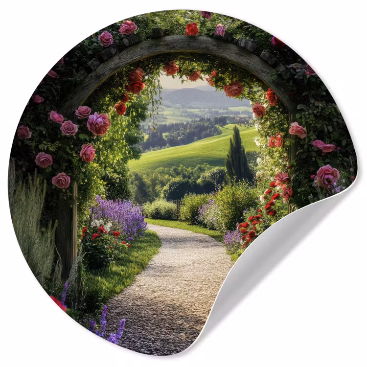 Doorkijk - Tuinboog - Bloemen - Natuur - Pad Wandcirkel behangsticker klein -3d