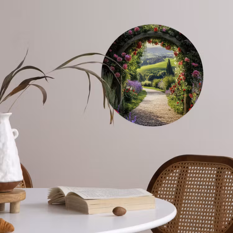 Doorkijk - Tuinboog - Bloemen - Natuur - Pad Wandcirkel behangsticker klein -sfeer3