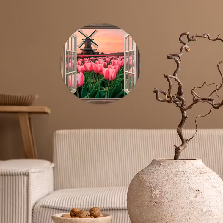 Doorkijk - Tulpen - Bloemen - Molen - Raam Wandcirkel behangsticker klein -sfeer1